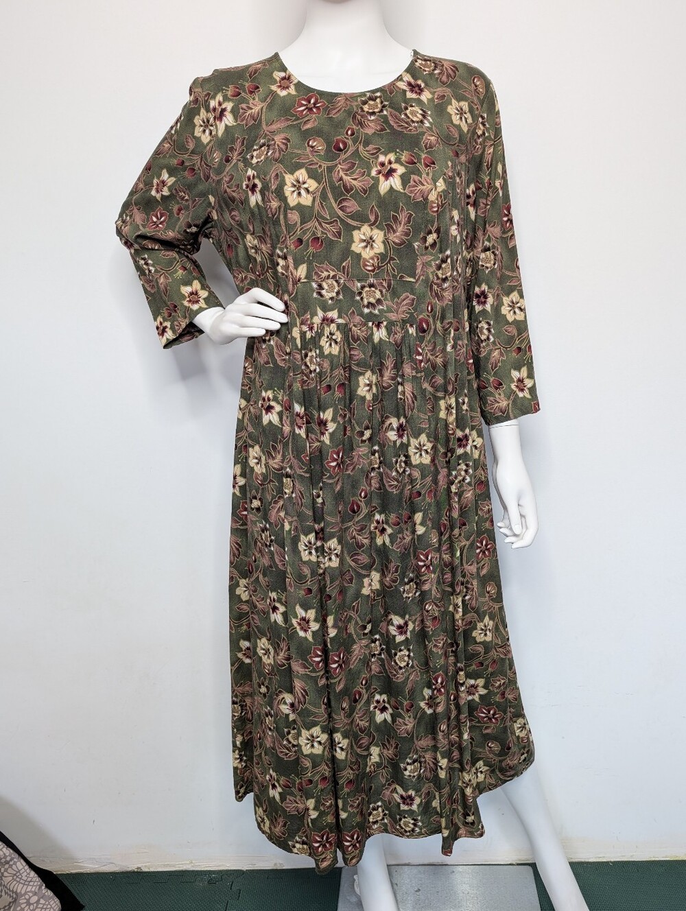 Vintage 90s Olive Green, Cream & Burgundy Floral Long Sleeve Babydoll Maxi Dress